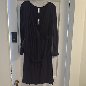 24 Seven Eggplant Long-Sleeve Faux Wrap Dress with Tie Waist